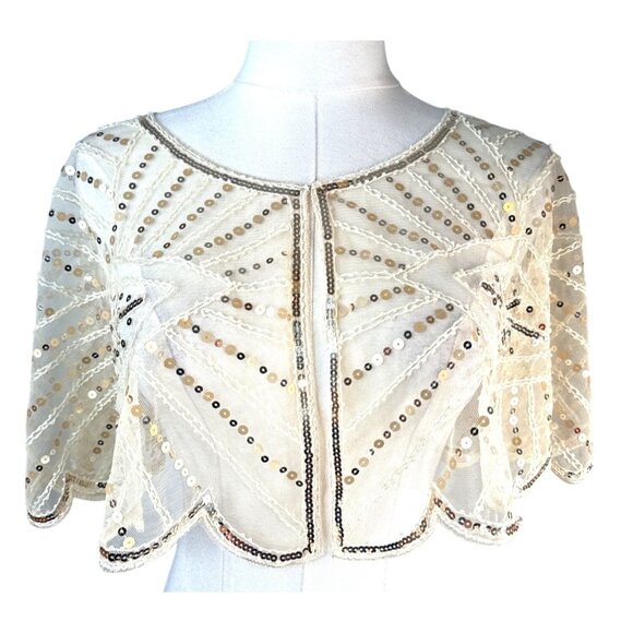Beaded Sequins OS Capelet Scalloped Shawl Elegant Sheer Vintage Style Ivory - Picture 9 of 16